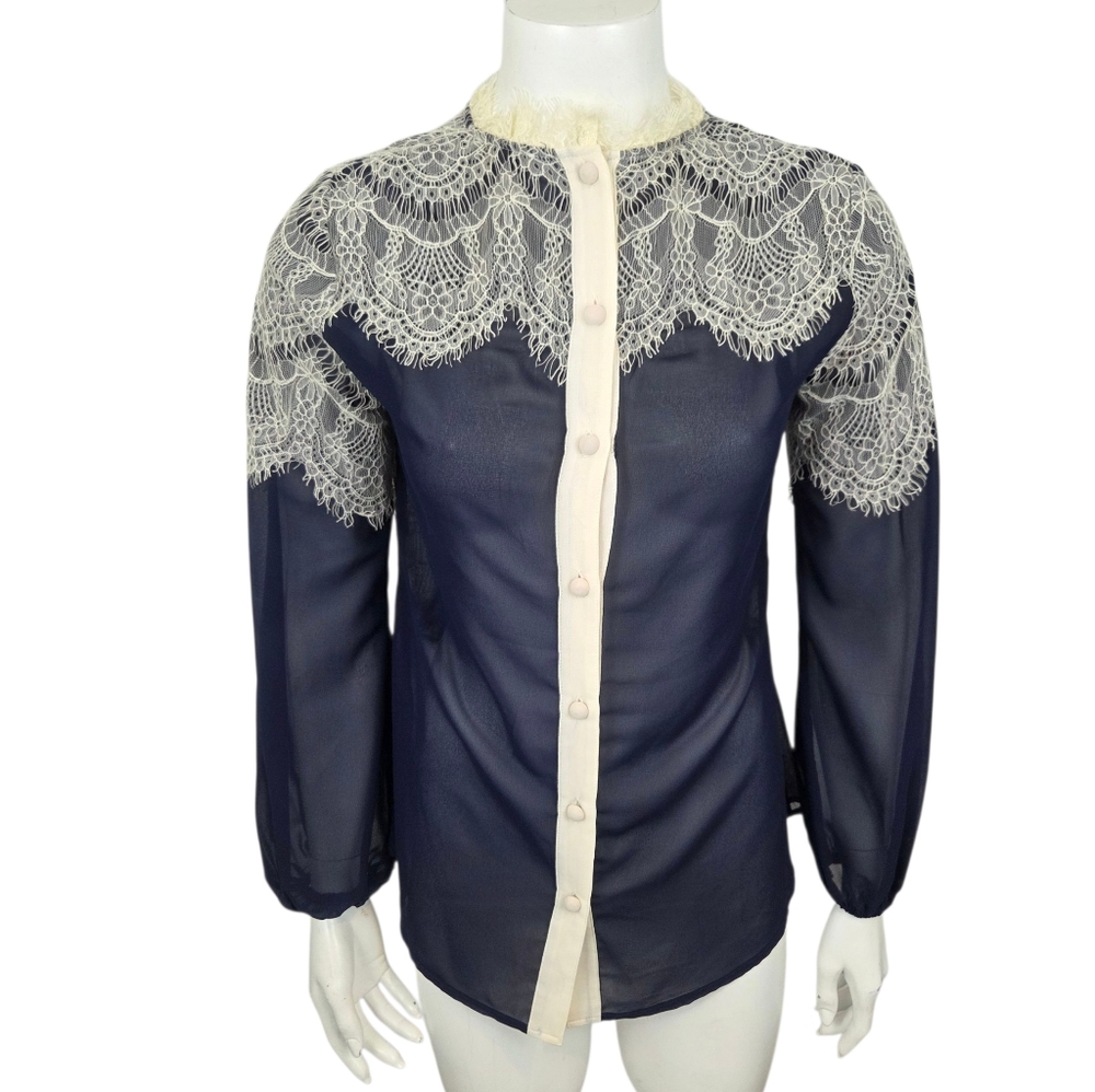 Ryu Lace Edwardian Coquette Blouse Womens Small Navy Ivory Long Sleeve Button